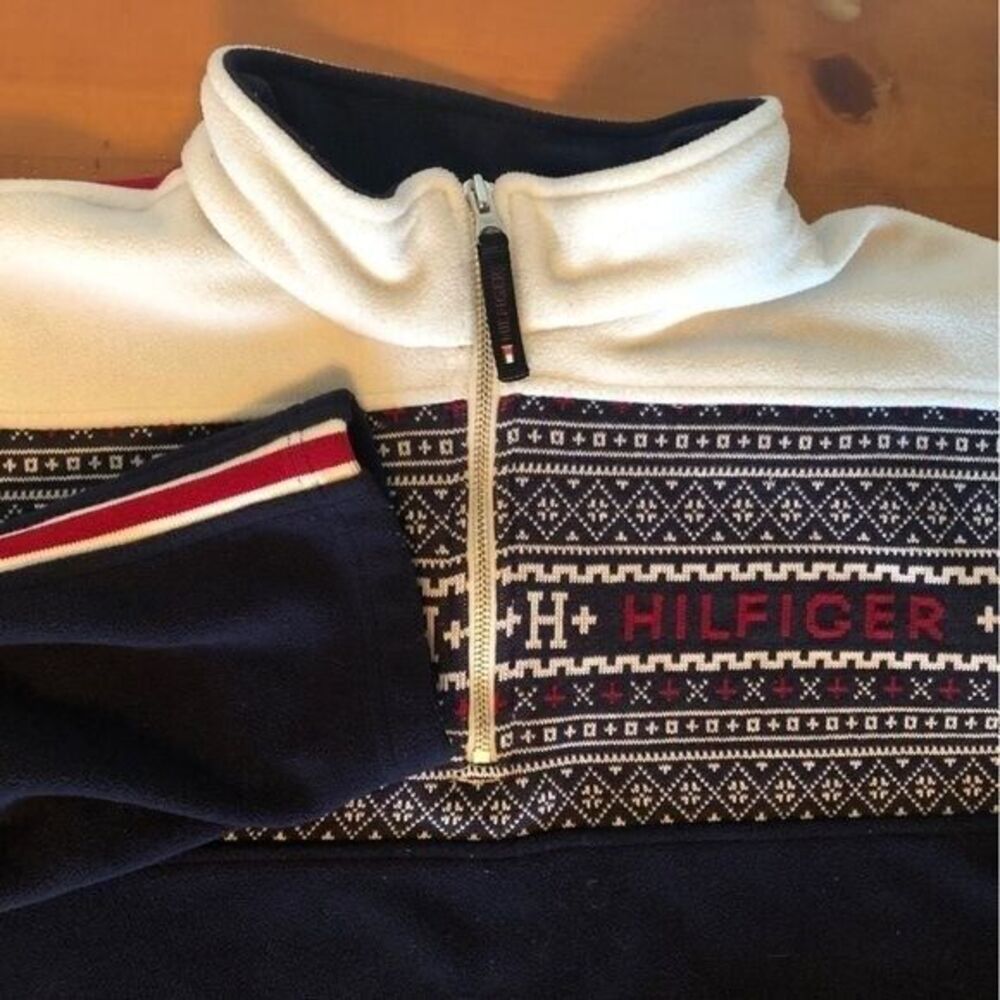 Tommy Hilfiger Mens Vintage Fleece Knit Navy Ski 1/4 Zip Pullover Jacket Sweater
